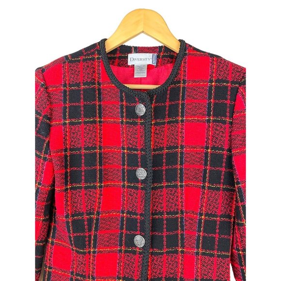 Vintage Tartan Plaid Lady Jacket Women Size 2P* Wool Blend Soutache Trim USA - Picture 2 of 11